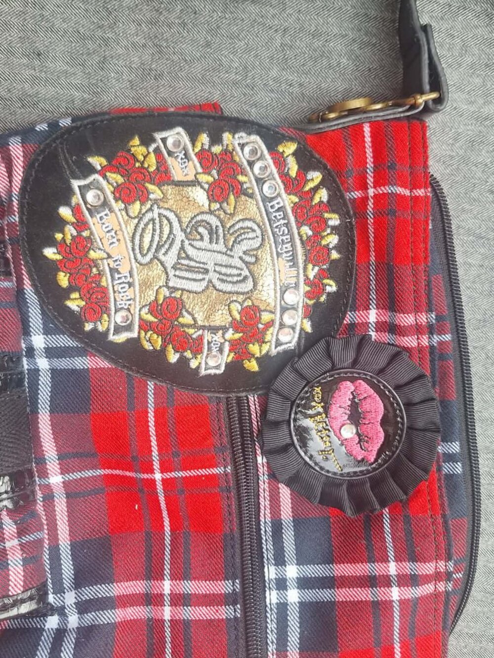 Betsy Johnson Vintage Rock Messenger Bag. Red plaid with should strap - Picture 2 of 6